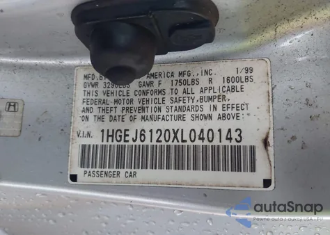 1999 Honda Civic Dx из США, поврежденный, VIN 1HGEJ6120XL040143